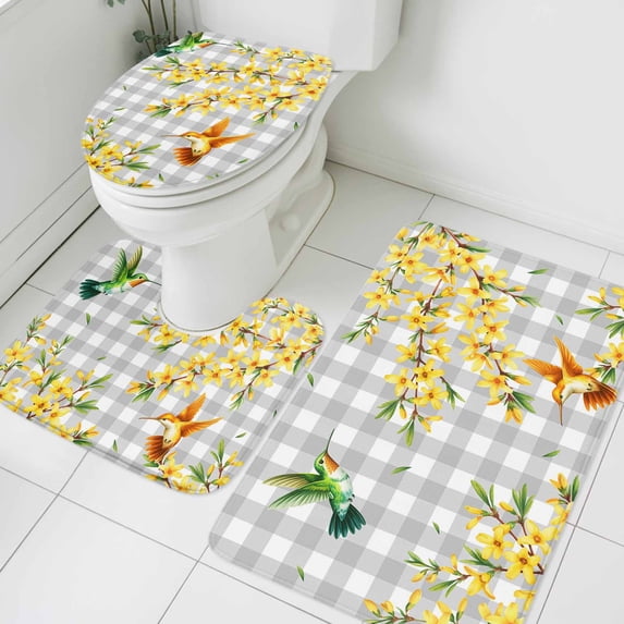 Spring Flowers Bathroom Rugs Set Watercolor Spring Green Yellow Floral Leaf Birds Grey Plaid Non Slip Absorbent Bath Mats 3 Piece Set, U-Shaped Floor Mat, Toilet Seat Cover Small Size
