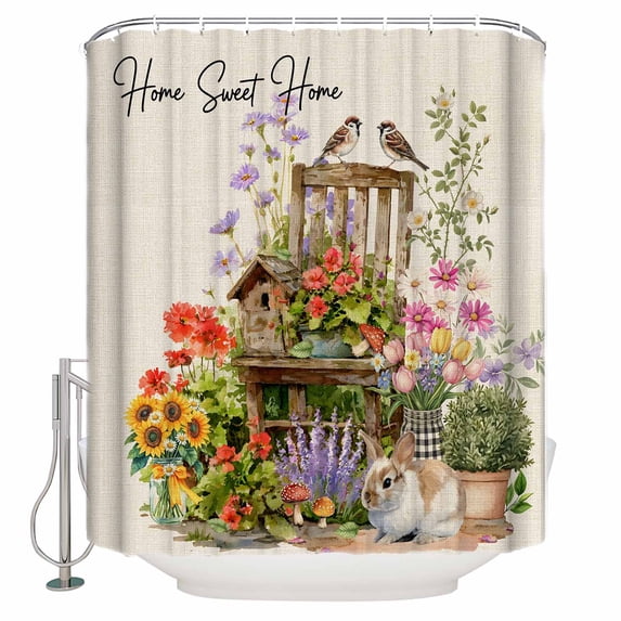 Spring Flowers Bathroom Shower Curtains with 12 Hooks Polyester Waterproof Shower Curtain for Stalls and Bathtubs Cute Rabbits Tulips Sunflowers Daisy Vintage Decorative Bathroom Curtain 72x78 Inches