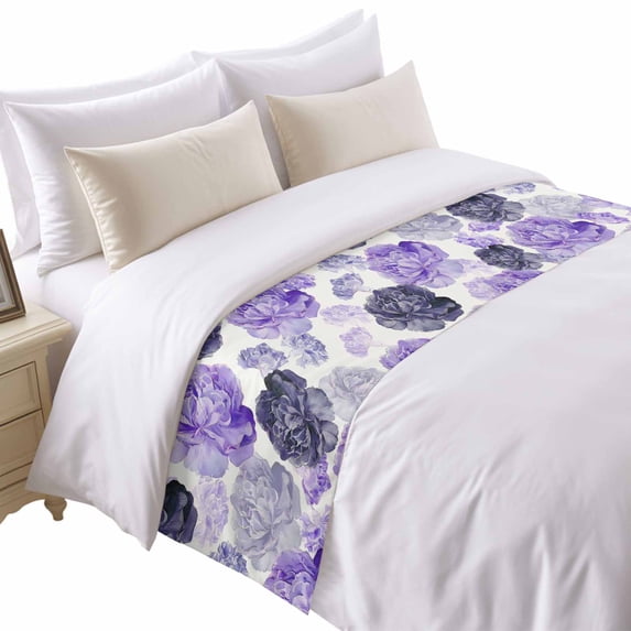 Spring Flowers Bed Runner for Cal King Size Bed, Watercolor Purple Black Grey Flowers Plant Soft Bedding Scarf Bedding Protector Slipcover Sofa Throw for Bedroom Hotel Guesthouse