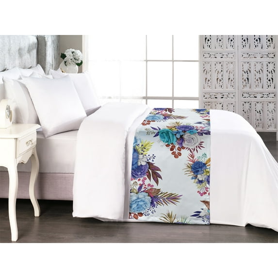 Spring Flowers Bed Runner, Delicate Blooming Floral Feels Illustration with Leaves Ornament Print, Decorative Accent Bedding Scarf for Hotels Homes & Guest Rooms, Queen, Ivory Multicolor, by Ambesonne