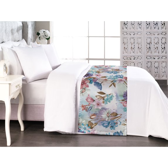 Spring Flowers Bed Runner, Dreamy Illustration of Garden Blooms Pattern on Aquarelle Back, Decorative Accent Bedding Scarf for Hotels Homes & Guest Rooms, King, Quartz Blush Sea Blue, by Ambesonne