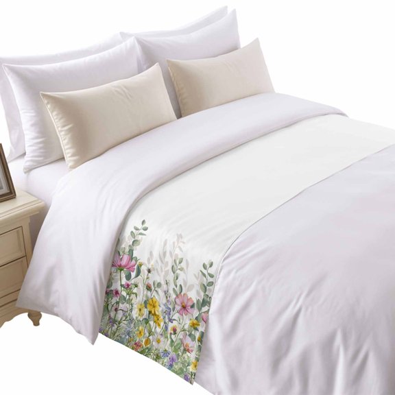Spring Flowers Bed Runner for Queen Size Bed, Watercolor Country Pink Yellow Blue Floral Leaf Soft Bedding Scarf Bedding Protector Slipcover Sofa Throw for Bedroom Hotel Guesthouse