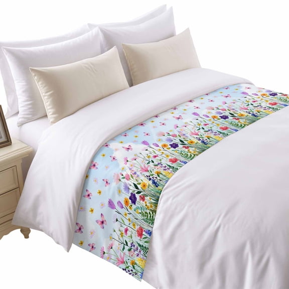 Spring Flowers Bed Runner for Queen Size Bed, Yellow Pink Purple Flower Daisy Butterflies Soft Bedding Scarf Bedding Protector Slipcover Sofa Throw for Bedroom Hotel Guesthouse