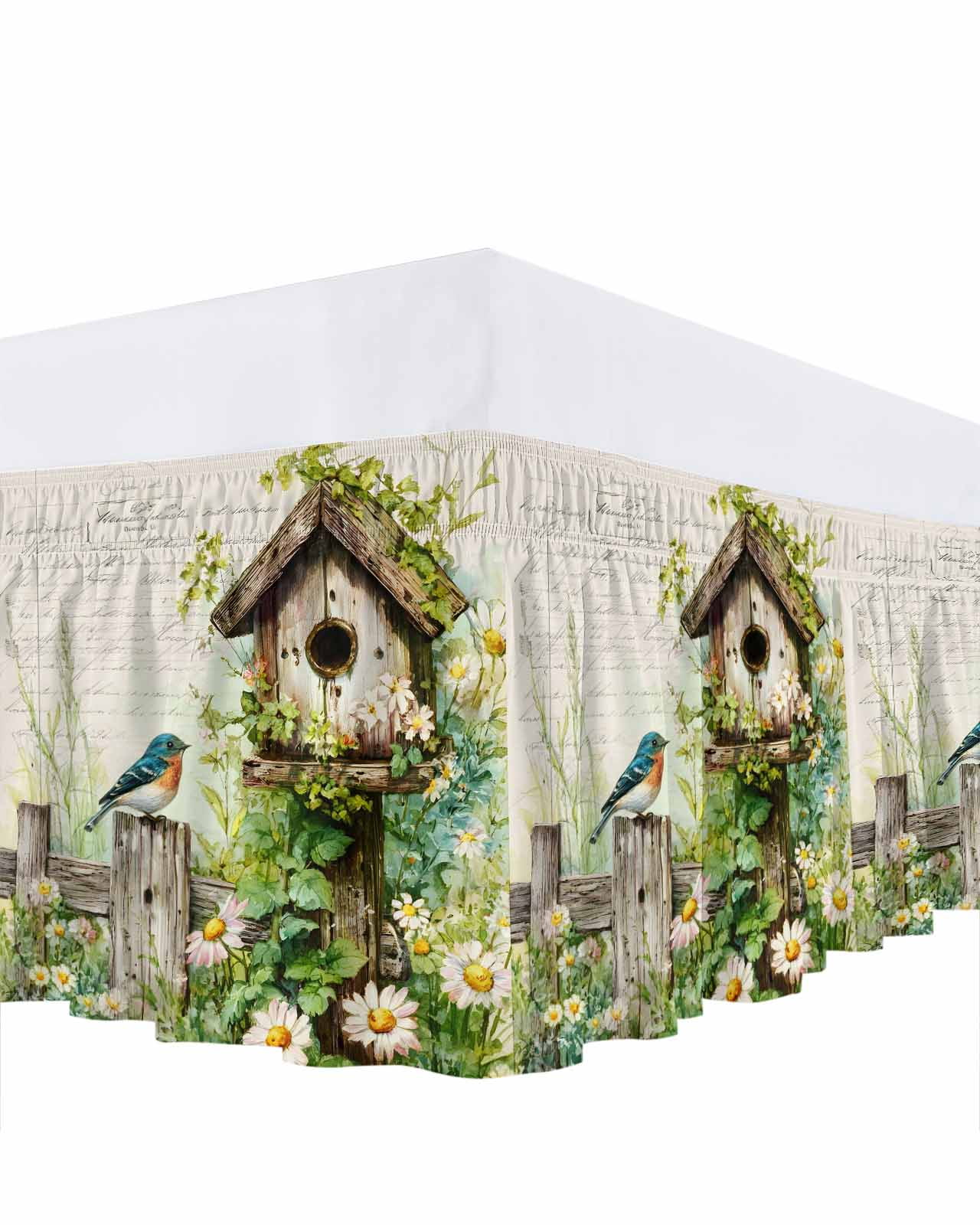 Spring Flowers Bed Skirt Queen Size 16 Inch Drop, Country Bird House Fence White Daisy Leaf Beige Adjustable Elastic Dust Ruffles Bedskirt for Queen Bed Wrap Around Pleated Mattress Frame Cover