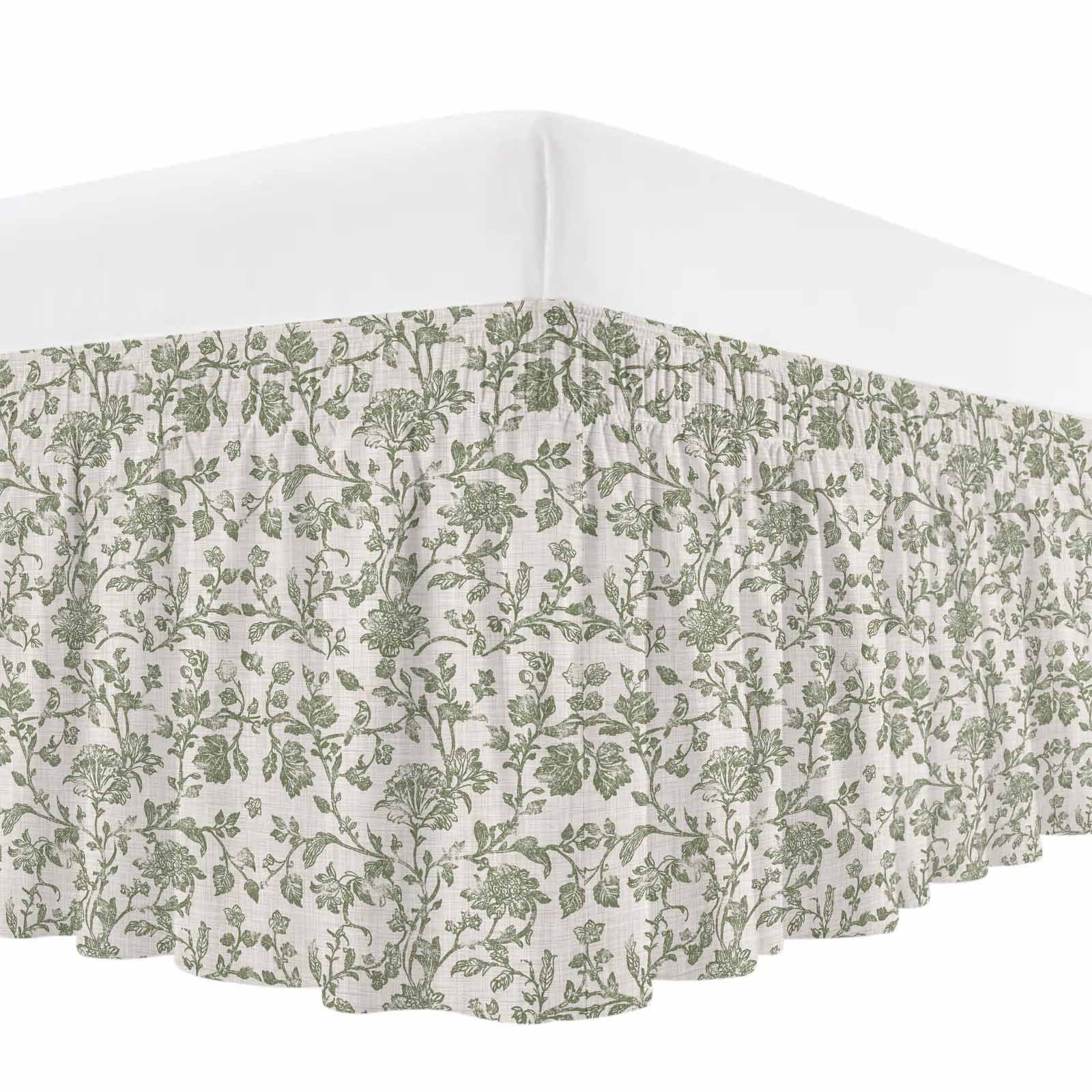 Spring Flowers Bed Skirt Queen Size,Farmhouse Sage Green Pastoral Floral Leaf Wrap Around Bed Skirting with Adjustable Elastic Strap,Dust Ruffle Pleated Bedskirts 18 Inch Drop for Bedroom Queen Beds