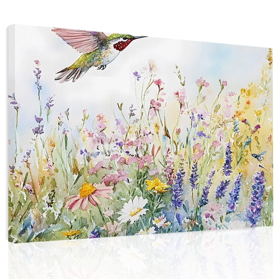 Spring Flowers Bird Canvas Print Wall Art, Oil Painting Flower Watercolor Wall Decor Modern Artwork Paintings Pictures for Living Room Framed and Stretched Ready to Hang, 24" x 32"