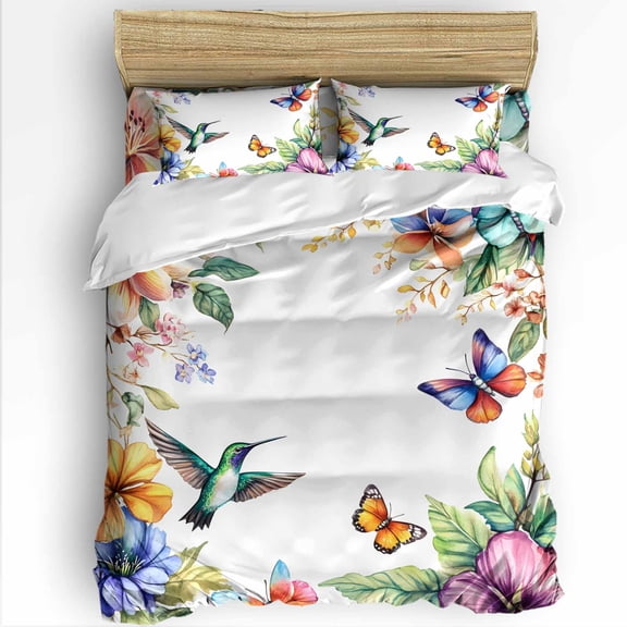 Spring Flowers Bird King Size Comforter Set, Hummingbird Butterfly Rustic Soft Bedding for All Seasons, 4 Pcs Bed Set with 1Comforter (90"x106") ,1 Sheet(94"x116"), 2 Pillowcases (19"x35")