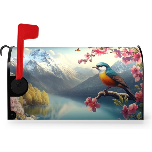 Spring Flowers Bird Mailbox Cover Magnetic Large Size 21x25.5 Inch Spring Mountain Lake Mailbox Covers Floral Rustic Seasonal Mailbox Wraps Oversized Post Letter Box Decor for Garden Yard