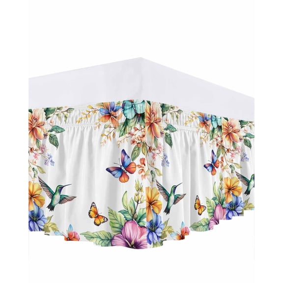 Spring Flowers Bird Ruffle Bed Skirt Queen Size Hummingbird Butterfly Adjustable Elastic Dust Bed Skirts Wrap Around Bedskirt Wrinkle Free Easy Fit with 18 Inch Drop