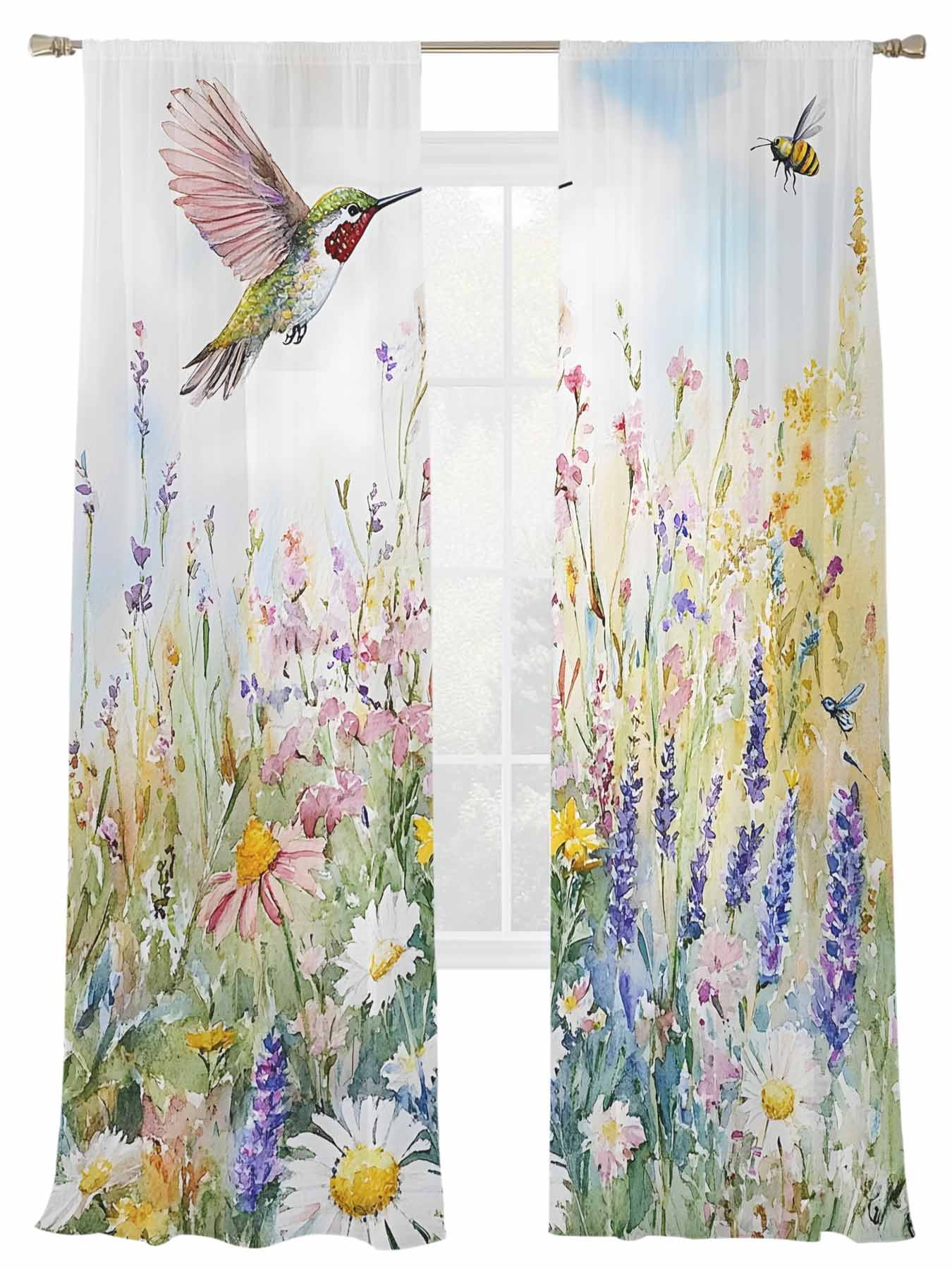 Spring Flowers Bird Sheer Curtains for Living Room Bedroom, Oil ...