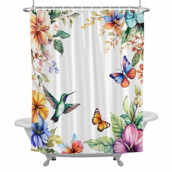 Spring Flowers Bird Shower Curtain for Bathroom, Hummingbird Butterfly Waterproof Cloth Fabric Bathroom Accessories Set with 12 Rust Proof Plastic Hooks, 72"x78"