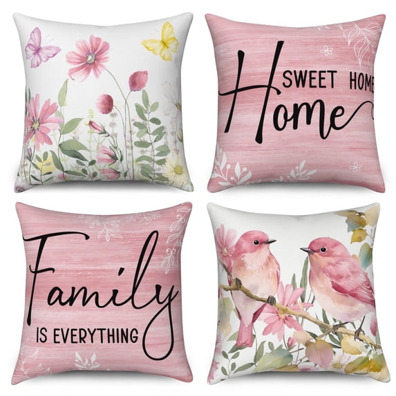 Spring Flowers Birds Throw Pillow Covers 18x18 Set of 4,Butterfly Pink Decorative Pillow Cases for Bedroom Sofa Couch