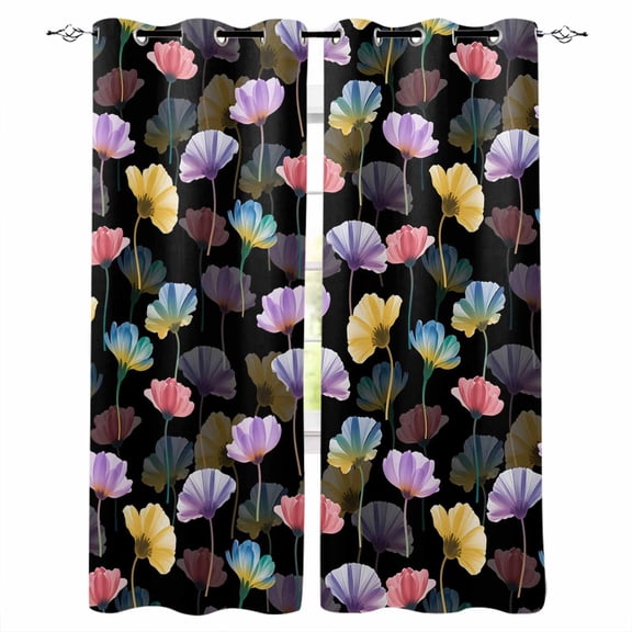 Spring Flowers Black Out Curtains 84 Inch Long for Living Room, Watercolor Floral Vintage Black Blackout Curtain Shade Thermal Insulated Window Curtains Grommet Drapes 42"x84" 2 Panels