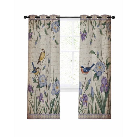 Spring Flowers Blackout Curtains 45 Inch Length Purple Blue Floral Bird Plant Vintage Paper Thermal Insulated Window Curtain Window Drapes 2 Panels for Bedroom Living Room 52"Wx45"L