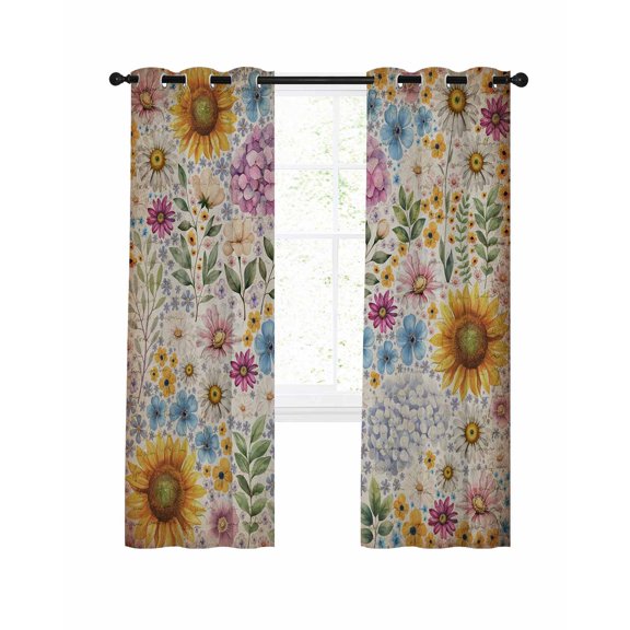 Spring Flowers Blackout Curtains 45 Inch Length Watercolor Country Colorful Floral Leaf Plant Vintage Paper Thermal Insulated Window Curtain Window Drapes 2 Panels for Bedroom Living Room 52"Wx45"L