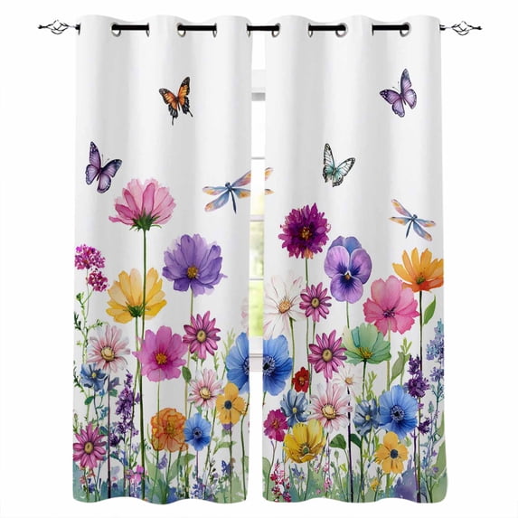 Spring Flowers Blackout Curtains 45 Inches Long, Kitchen Black Out Window Treatments, Watercolor Butterfly Dragonfly Daisy Country Thermal Insulated Lined Drapes for Small Window with Grommet 42"x45"