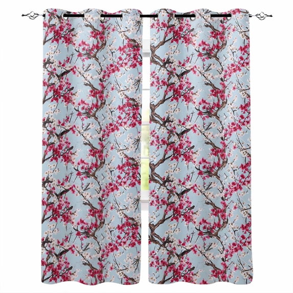 Spring Flowers Blackout Curtains 54 Inch Length 2 Panels Set for Living Room Bedroom, Chinese Pink Peach Blossoms Branches Room Darkening Window Curtains Thermal Insulated Black Out Curtain 52"x54"