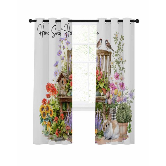 Spring Flowers Blackout Curtains 63 Inch Length Watercolor Country Colorful Floral Vase Leaf Cute Rabbit Birds Thermal Insulated Window Curtain Drapes 2 Panels for Bedroom Living Room 52"Wx63"L
