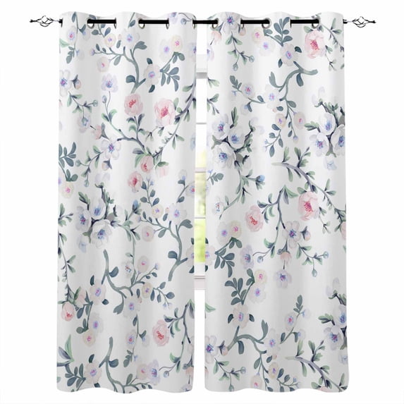 Spring Flowers Blackout Curtains 84 Inches Long, Blue Pink Floral Leaves Pastoral Botanical Thermal Insulated Black Out Curtains, Darkening Window Curtain for Bedroom Living Room 42"x84" 2 Panels