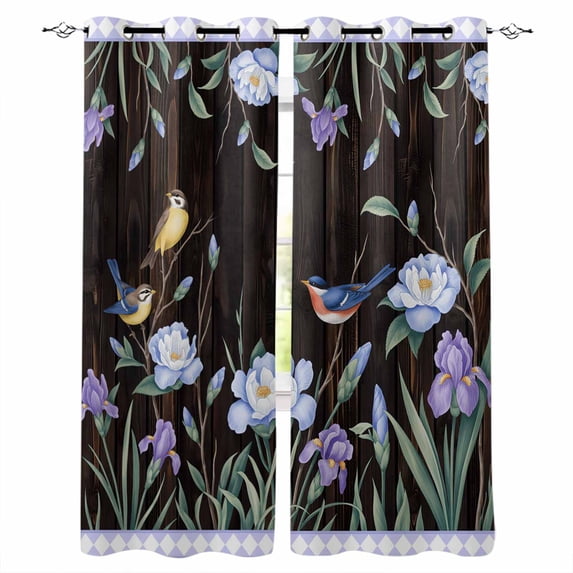 Spring Flowers Blackout Curtains for Bedroom Living Room Darkening Curtains 54 Inch Long Blue Floral Leaves Birds Country Farm Wood Grain Short Curtain for Small Window Treatment Drapes 52"x54"x2