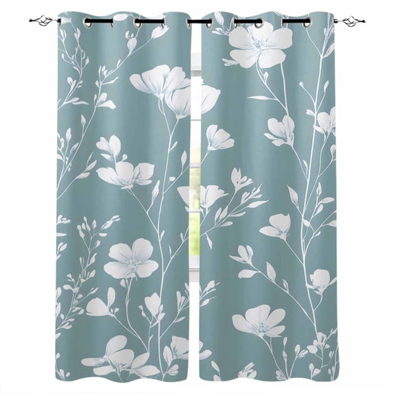 Spring Flowers Blackout Curtains for Bedroom Living Room Darkening Curtains 84 Inch Length 2 Panels Set Watercolor Vintage Plant Aqua Blue Leaf Window Curtain Window Treatment Grommet Drapes 42"x84"
