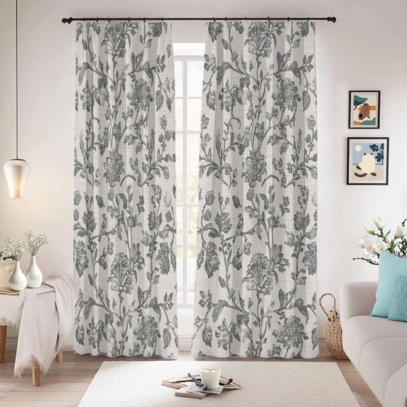 Spring Flowers Blackout Curtains for Bedroom/Living Room, Pinch Pleated Black Out Curtains, Farmhouse Grey-blue Pastoral Floral Leaf Room Darkening Window Drapes with Hooks 2 Panels, 39"x70"