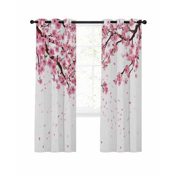 Spring Flowers Blackout Curtains for Bedroom Living Room, Pink Floral Petals Peaches Branches Chinese Wind 45 In Long Thermal Insulated Room Darkening Drapes Grommet Window Treatments, 42 x 45 In