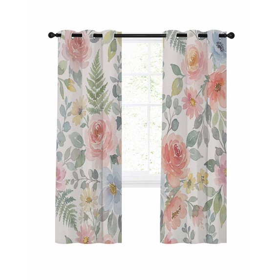 Spring Flowers Blackout Curtains for Bedroom Living Room, Watercolors Pink Blue Flower Eucalyptus Leaves 45 In Long Thermal Insulated Room Darkening Drapes Grommet Window Treatments, 42 x 45 In