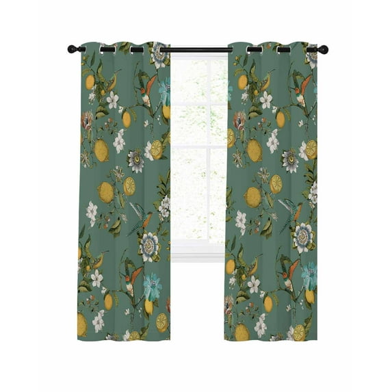 Spring Flowers Blackout Curtains for Bedroom Living Room, White Teal Floral Lemon Leaf Hummingbird Green 63 In Long Thermal Insulated Room Darkening Drapes Grommet Window Treatments, 42 x 63 In