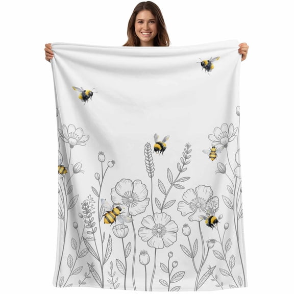 Spring Flowers Blanket Soft Cozy Warm Throw Blanket for Couch, Plush Fuzzy Flannel Fleece Blankets for Sofa, Simple Botanical Floral Herbs Bees Bed Blankets Lightweight Gifts for Women, 30"x40"
