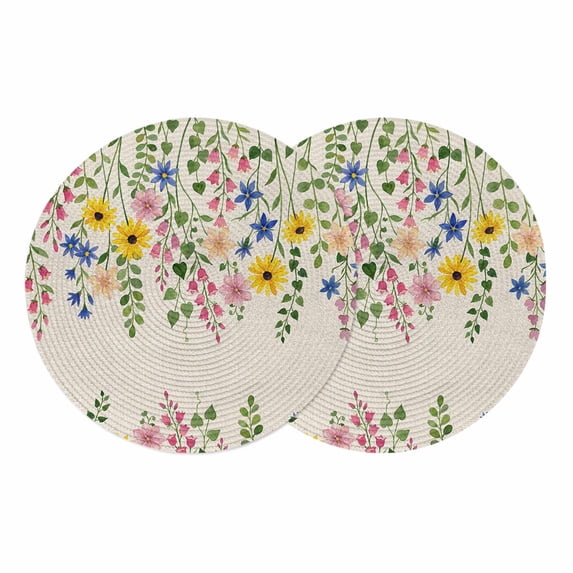 Spring Flowers Blossom Round 13 Inch Placemats Set of 2, Pastoral Farmhouse Botanical Rustic HeatResistant Non Slip Place Mats for Dining Table, Wipeable Braided Kitchen Table Mats for Housewarming