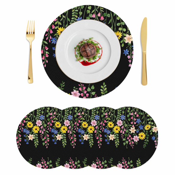 Spring Flowers Blossom Round 13 Inch Placemats Set of 4, Pastoral Farmhouse Botanical Black HeatResistant Non Slip Place Mats for Dining Table, Wipeable Braided Kitchen Table Mats for Housewarming