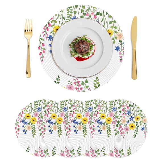 Spring Flowers Blossom Round 13 Inch Placemats Set of 4, Pastoral Farmhouse Botanical Leaves HeatResistant Non Slip Place Mats for Dining Table, Wipeable Braided Kitchen Table Mats for Housewarming