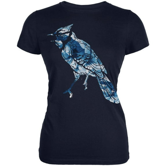Spring Flowers Blue Jay Bird Juniors Soft T Shirt Navy SM