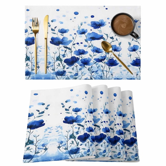 Spring Flowers Blue Placemats Set of 12 Enchanted Garden Florals Place Mats Indoor Wipeable Table Mats Washable Cloth Dining Table Placemats for Kitchen Holiday Party Home Decor 13x19 Inch