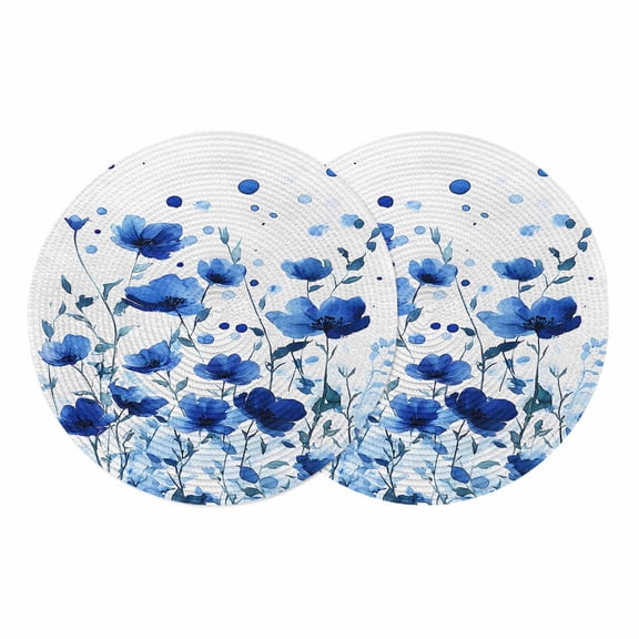 Spring Flowers Blue Round Placemats Set of 2 Enchanted Garden Florals Place Mats Indoor Woven Table Mats Washable Heat-Resistance Braided Dining Table Placemats for Kitchen Party Decor 13 Inch