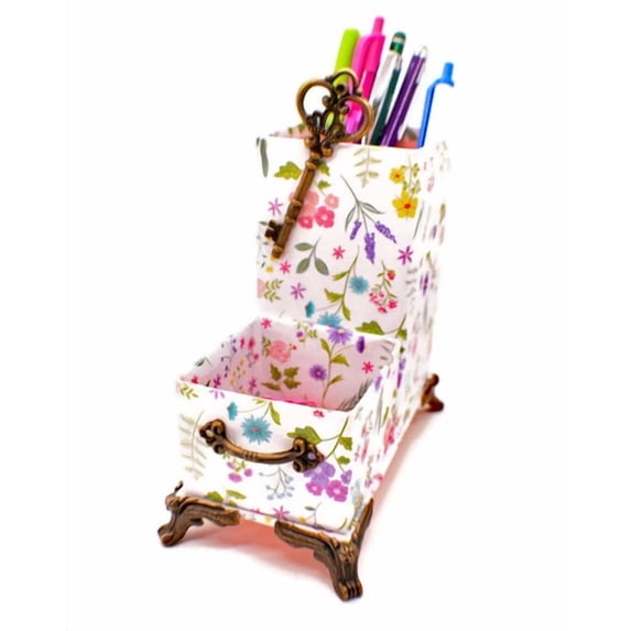 Spring Flowers Bouquet Desktop Organizer For Pens And Clips W/Antique Key Accent
