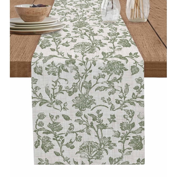 Spring Flowers Burlap Cotton Table Runner 13x36 Inches Short, Farmhouse Sage Green Pastoral Floral Leaf Farmhouse Table Runners, Outdoor Dining Tablecloths Decor for Baby Shower/Party/Wedding