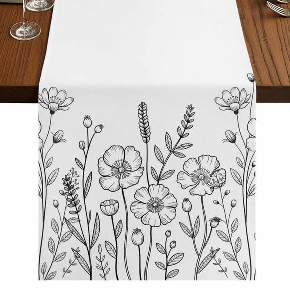 Spring Flowers Burlap Cotton Table Runner 13x36 Inches Short, Modern Simple Botanical Wildflowers Herbs Farmhouse Table Runners, Outdoor Dining Tablecloths Decor for Baby Shower/Party/Wedding