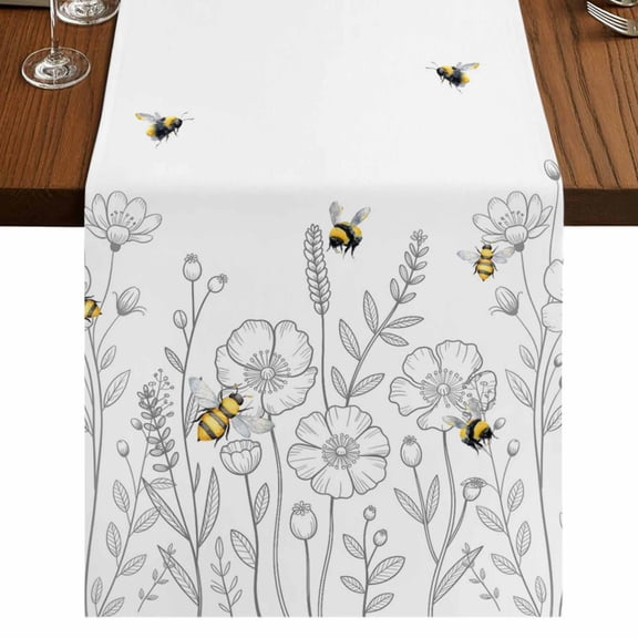 Spring Flowers Burlap Cotton Table Runner 13x36 Inches Short, Simple Botanical Floral Herbs Bees Farmhouse Table Runners, Outdoor Dining Tablecloths Decor for Baby Shower/Party/Wedding