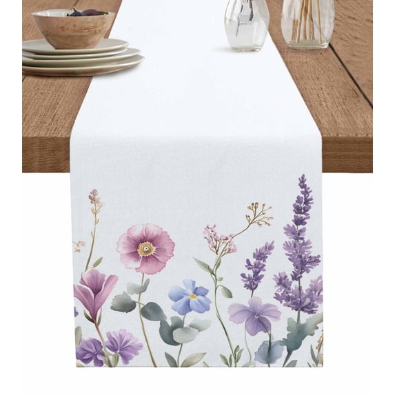 Spring Flowers Burlap Cotton Table Runner 13x90 Inches Long, Idyllic Lavender Botanical Blossom Motif Farmhouse Table Runners, Outdoor Dining Tablecloths Decor for Baby Shower/Party/Wedding