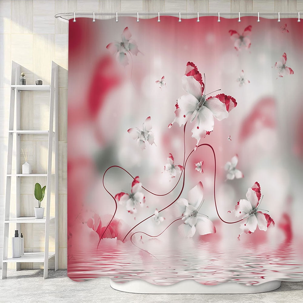 Spring Flowers Butterfly Pink Shower Curtain, Country Nature Farmhouse Garden Floral Design, Botanical Plant Decor Cloth Fabric Bathroom Curtains with Hooks, 60X70in