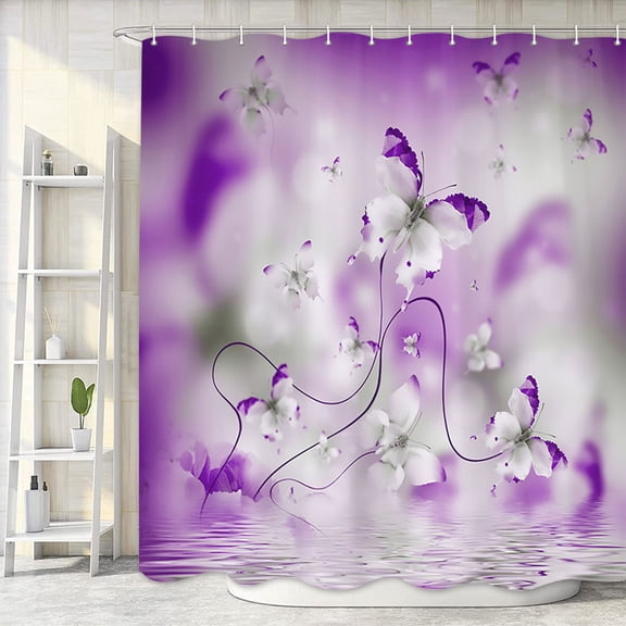 Spring Flowers Butterfly Purple Shower Curtain, Country Nature Farmhouse Garden Floral Design, Botanical Plant Decor Cloth Fabric Bathroom Curtains with Hooks, 36X72in