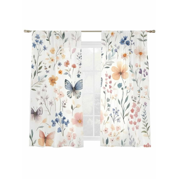 Spring Flowers Butterfly Sheer Curtains 72 Inch Long 2 Panels, Retro Leaf Farm Light Filtering Rod Pocket Semi Sheer Curtains, Sheer Voile Drapes for Living Room Bedroom, 52"x72"