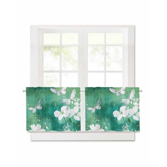 Spring Flowers Butterfly Short Blackout Curtains 36 Inch Long Green Oil Painting Rod Pocket Kitchen Curtains, 2 Panels Thermal Insulated Room Darkening Drapes for Bedroom, 42"W x 36"L