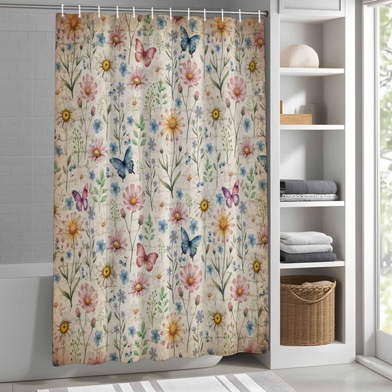 Spring Flowers Butterfly Shower Curtain for Bathroom, Vintage Floral Fabric Shower Curtain Set with Hooks, Waterproof Washable Bath Curtain for Bathroom Decor, 54x"78"