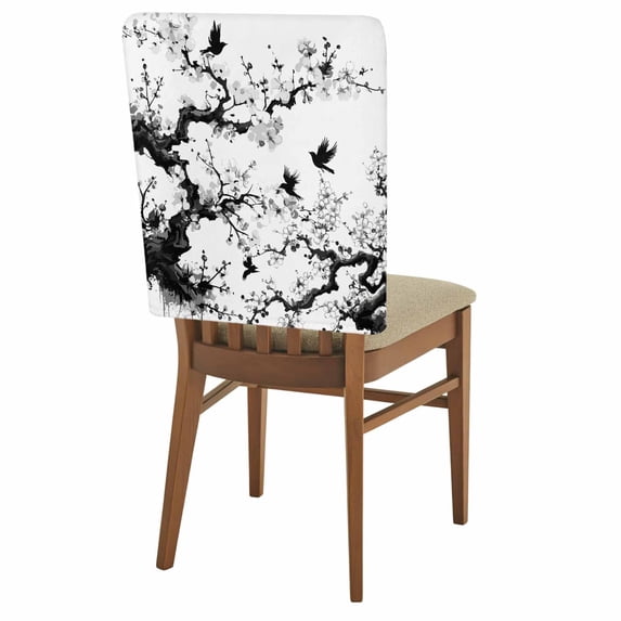 Spring Flowers Chair Covers Set of 1 Black Bird Peaches Flower Water Ink Painting Chair Back Covers Stretch Removable Washable Slipcovers Protector for Dining Room Kitchen Party Decor
