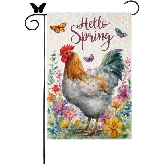 Spring Flowers Chicken Garden Flags Lovely Floral Seasonal Home Decor Banner 12x18 Double Sided Funny House Flag Farmhouse Outdoor Yard Decoration (24557)