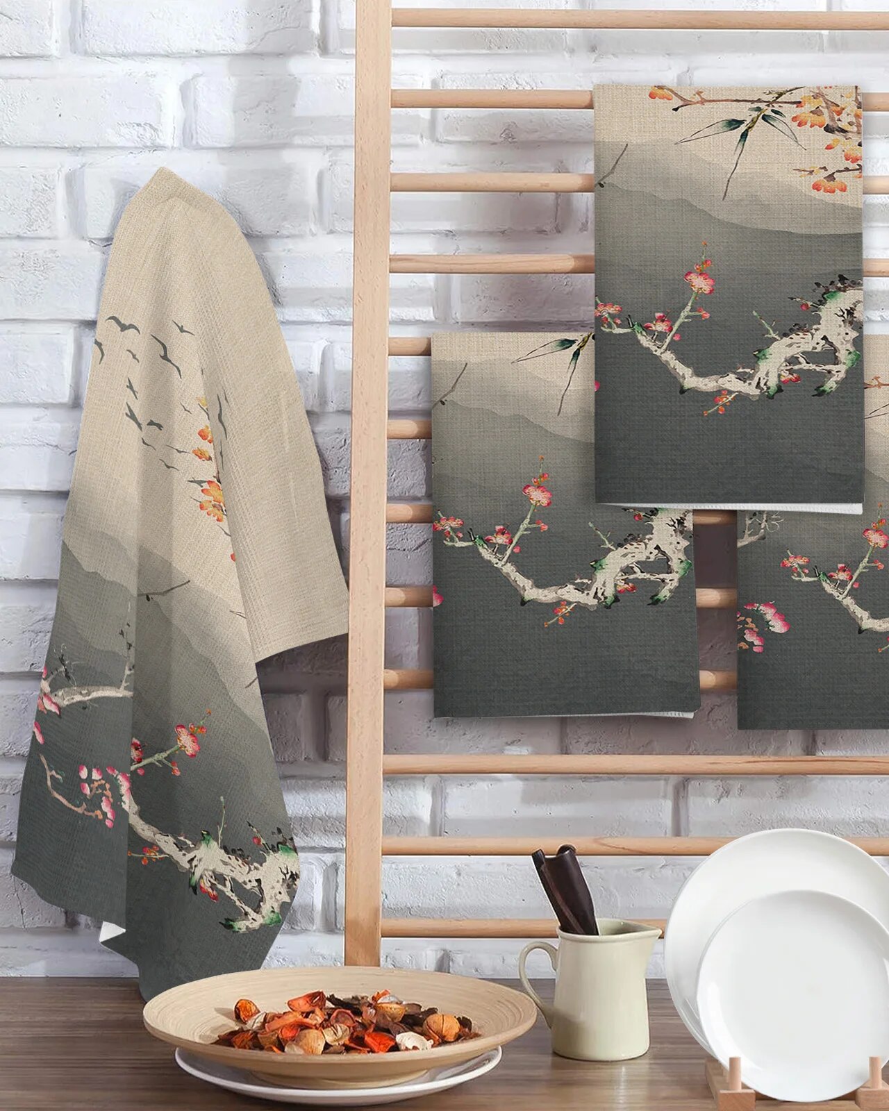 Chinese Hand Rags Spring Flowers Chinese Painting Ink Tea Towels Absorption Walf Checks ...