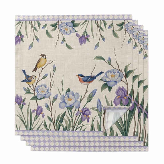 Spring Flowers Cloth Napkins, Vintage Floral Leaves Birds Farmhouse Plaid Washable and Reusable Dinner Napkins Set of 4, Table Napkin for Kitchen Party Birthday Wedding Hotel Housewarming 20"x20"